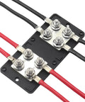 Built Tough 400 Amp Bus Bar Power Distribution Block For 12V And 48V Systems With Eight M8 Studs and wires connected.