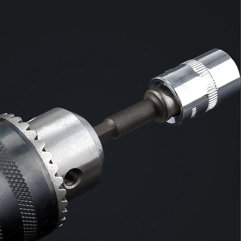 Close-up of Two Pack Three Eighths Inch Square Socket Adapter Bits Set For Hex Impact Driver Power Bits in drill