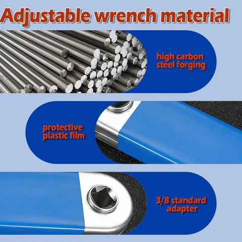 Wrench Extender Kit With Non Swivel Leveraging Ratchet Socket Tool And Two Adapters showing high carbon steel and adapters