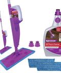 Click N Clean Multi Surface Spray Mop All In One Kit with reusable pads, bottle adapters, scrub pad, and 32 oz cleaner bottle.