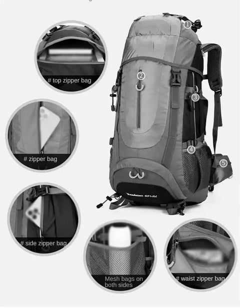 65L Outdoor Waterproof Backpack for Camping, Hiking, Climbing And Mountaineering with ergonomic straps and organization pockets