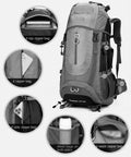 65L Outdoor Hiking Backpack With Waterproof Nylon Build and ergonomic straps, showcasing various zipper compartments and mesh pockets