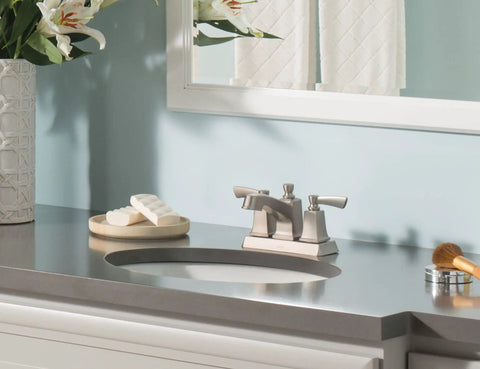 Spot Resistant Brushed Nickel Dual Handle Centerset Bathroom Faucet With Drain Assembly WaterSense Certified Four Inch Centerset ADA Compliant