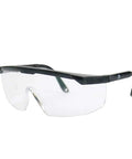 Heavy Duty Safety Glasses Built Tough For Daily Grind Super Comfy Fit Over Prescription Specs Crystal Clear Polycarbonate Lenses Zero Fog Shield Ultra Legit ANSI Z87 Certified Hella Durable Pack of Five angled view showing clear lenses and black frame design.