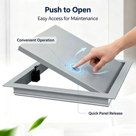 Tough As Nails Aluminum Access Panel For Drywall Hides Messy Electrical Wiring And Conceals Clutter With A Heavy Duty Galvanized Steel Frame For Slick Home Renovations, showing push-to-open mechanism for easy access.