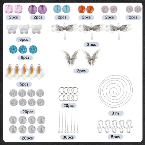 Do It Yourself Suncatcher Kit With Rainbow Prism Beads And Filigree Butterfly Dragonfly Charms, Glass Crystal Drops, assorted components