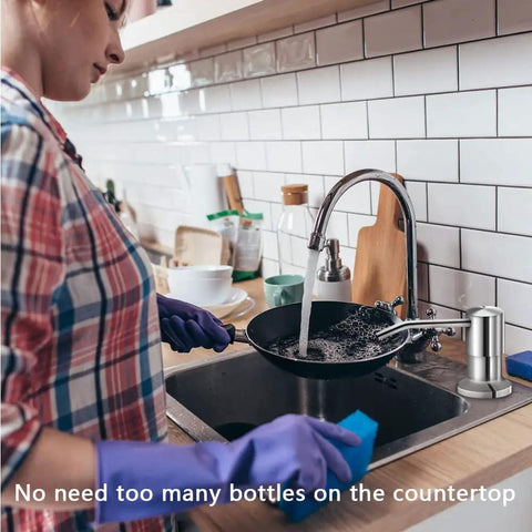 Person washing dishes using Brushed Nickel Kitchen Soap Dispenser With 47 Inch Silicone Extension Tube Direct Fill Design No Hassle Refills Easy Countertop Install For Sinks Keeps Counters Clean And Modern