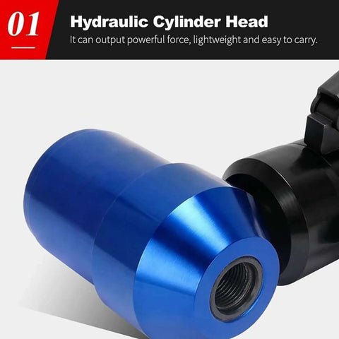 Blue and black hydraulic cylinder head, lightweight and portable, ideal for powerful force applications.