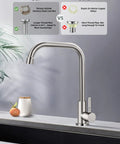 Top Tier Cold Only Kitchen Sink Faucet Single Hole Install Sus 304 Stainless Steel With Brushed Nickel Finish showcased with highlighted features.