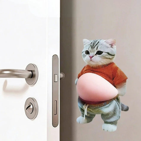 2 Pack Cat Themed Door Stopper Wall Protectors with Adhesive soft rubber base in cartoon cat shape on wall behind door