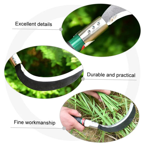 Close-up of Manganese Steel Weeding Sickle Set Lightweight Garden Tool For Fast Grass Cutting And Weeding showing blade and handle details.