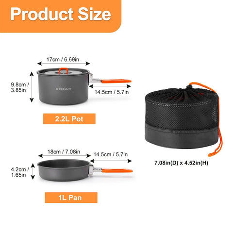Image showing Nonstick Camping Cookware Mess Kit with lightweight pot, fry pan, and mesh bag for outdoor cooking, serves 1 or 2.