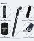 Smooth Ride Bike Suspension Seat Post With 40mm Travel And Adjustable Clamp Angle, 6061 Aluminum showing features and specifications