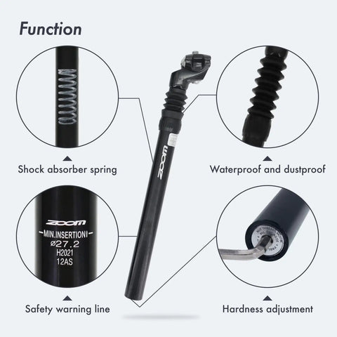 Smooth Ride Bike Suspension Seat Post With 40mm Travel And Adjustable Clamp Angle, 6061 Aluminum showing features and specifications