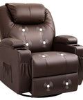 Cozy Leather 360 Degree Swivel Rocker Recliner With Massage, Side Pockets And Cup Holders, Plush Dark Brown Single Sofa