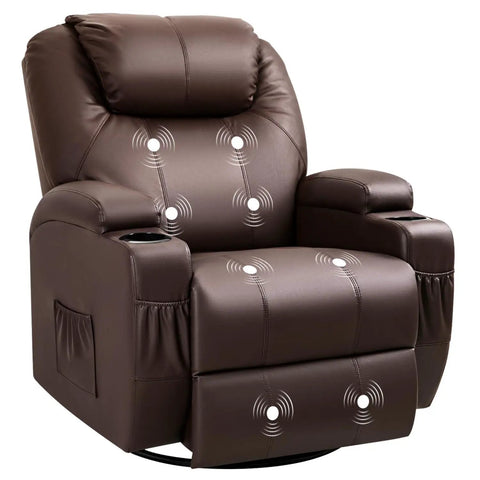 Cozy Leather 360 Degree Swivel Rocker Recliner With Massage, Side Pockets And Cup Holders, Plush Dark Brown Single Sofa
