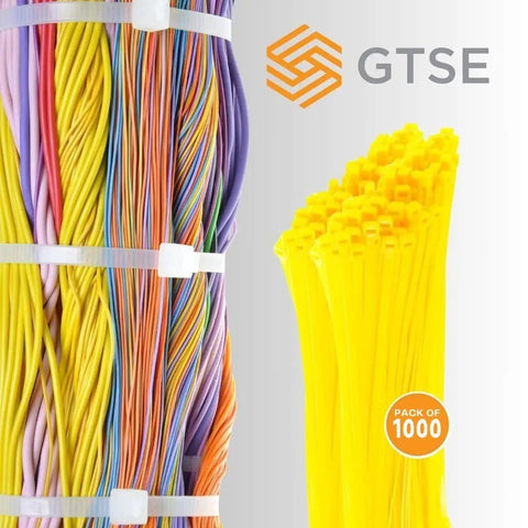 14 Inch UV Resistant Yellow Nylon Zip Ties 1000 Pack shown with colorful cables, GTSE logo visible