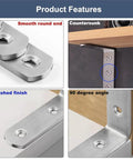 Product features of No Sweat Mounting 4X4 Inch Stainless Steel L Brackets showing smooth end, countersunk holes, and brushed finish.