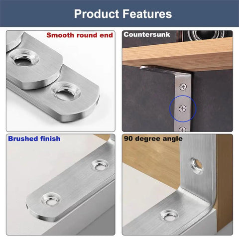 Product features of No Sweat Mounting 4X4 Inch Stainless Steel L Brackets showing smooth end, countersunk holes, and brushed finish.
