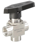 3 Way Ball Valve L Port 1 Quarter Inch NPT 304 Stainless Steel Barstock Heavy Duty 5mm Reduced Port Beefed Up High Flow Diverter Valve