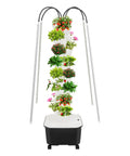 Front view of 40 Pod Smart Indoor Hydroponic Garden Tower with Full Spectrum LED Grow Light and plants, white unit.