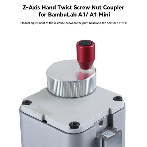 Premium Z Axis Fine Adjustment Knob And T8 Lead Screw Nut Coupler For Bambu Lab A1 And A1 Mini 3D Printer, red knob on silver body.