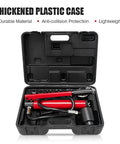 Open case of 15 Ton Hydraulic Knockout Punch Kit For Conduit Holes 22-60mm With 6 Dies, showing red hydraulic pump and accessories.