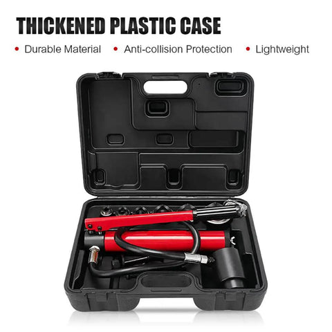 Open case of 15 Ton Hydraulic Knockout Punch Kit For Conduit Holes 22-60mm With 6 Dies, showing red hydraulic pump and accessories.