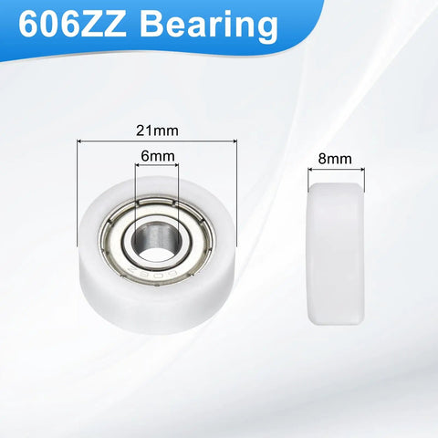 Four Pack Roller Idler Pulleys 6x21x8mm With 606ZZ Bearings, white POM construction, size details displayed