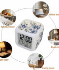 Chunky Cube Alarm Clock With Bright Led Panel And Seven Color Night Light Sturdy Plastic Housing with floral design, 8cm for desk or nightstand.