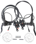 Front view of Acciaiie MT200 e-bike hydraulic brake set with Shimano calipers, two rotors, black levers
