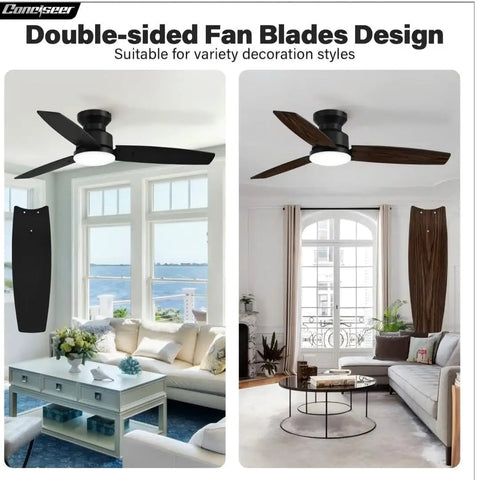 42 Inch Flush Mount Ceiling Fan With Slick Black And Warm Wood Blades Super Quiet Dc Motor in modern living room settings.