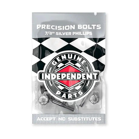 Seven Eighths Inch Silver Phillips Head Skateboard Truck Hardware Set With Cross Bolts In Black And Gold Finish packaging