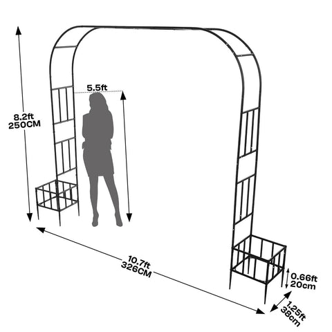 Dimensions diagram of Garden Arch With Planter Boxes, Heavy Duty Iron Arbor Trellis, 8 ft tall Outdoor Metal Archway for weddings.