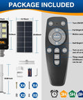 Package contents for Solar Street Light Outdoor Waterproof IP67 550W 420LED with remote control, showing light, panel, remote, and accessories.