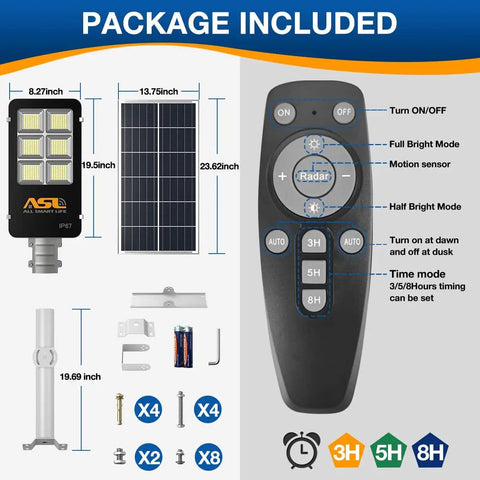 Package contents for Solar Street Light Outdoor Waterproof IP67 550W 420LED with remote control, showing light, panel, remote, and accessories.