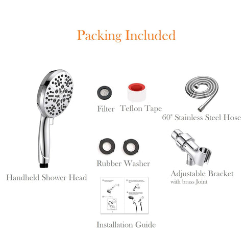 Packing included for Handheld High Pressure Rain Shower System with 60 inch hose, adjustable brass joint holder, detachable heads.