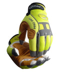Multi Activity Work Glove With Goat Grain Leather Palm Hi Vis AirMesh Back Pinched Tip Fingers Neoprene Knuckle High Visibility Yellow