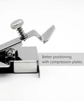 Close-up of magnetic seam guide foot for sewing machines; chrome metal with screw and spring.
