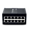 12 Port Gigabit Unmanaged Ethernet Switch For Industrial Use With Energy Efficient Design, shown with metal exterior and 12 RJ45 ports.