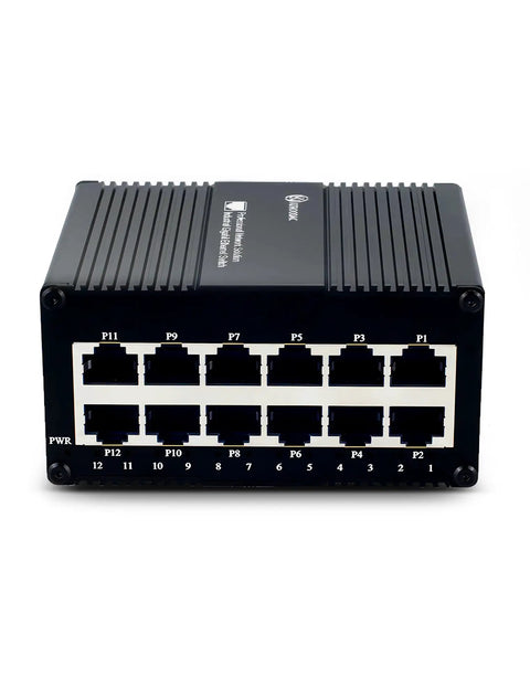 12 Port Gigabit Unmanaged Ethernet Switch For Industrial Use With Energy Efficient Design, shown with metal exterior and 12 RJ45 ports.