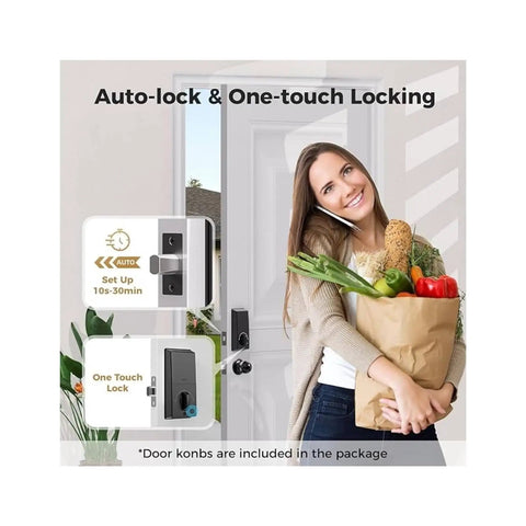 Straight Up Secure Keyless Entry Deadbolt Lock With Fast Fingerprint Scan Bluetooth App Control And Password Backup Key displayed at door with woman holding groceries.