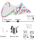 Diagram of Personalized Neon Light Sign For Wall Decor And Parties setup with power options, dimmer, and battery box.
