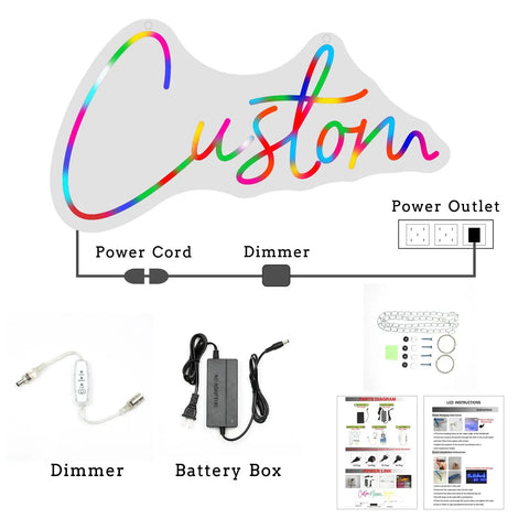 Diagram of Personalized Neon Light Sign For Wall Decor And Parties setup with power options, dimmer, and battery box.