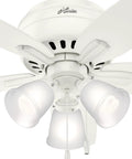 Indoor Low Profile Ceiling Fan With Dope LED Light And Pull Chain, 42 Inch, shown in white finish with glass light cover