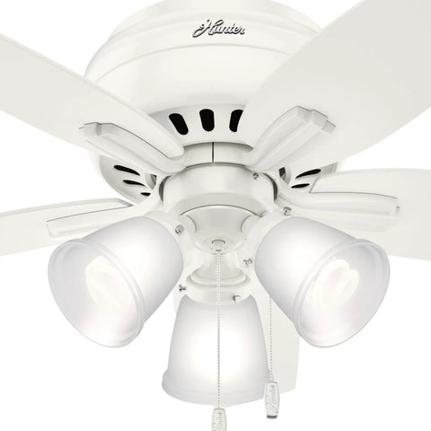 Indoor Low Profile Ceiling Fan With Dope LED Light And Pull Chain, 42 Inch, shown in white finish with glass light cover