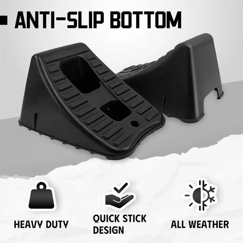 4 Pack Wheel Chocks For Travel Trailers And RVs, Non Slip Stackable And Lightweight Wheel Stoppers For Cars Campers And Trucks, 8.1 By 6.1 By 4.5 Inches, Black, front view of two chocks