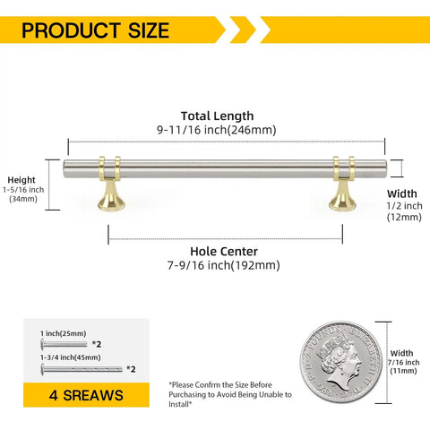 Diagram showing dimensions of 10 Pack Brushed Nickel And Gold Cabinet Handles And Drawer Knobs Set, Seven And A Half Inch Hole Center, Zinc Alloy Furniture Pulls For Kitchen Cabinets, Dressers, Vanities, And Pantry Remodel, highlighting total length and hole center spacing.