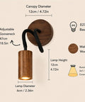 Adjustable Gooseneck Wall Sconce, Modern Wood Grain Wall Lamp with walnut finish, 12cm height, 6cm diameter, 360° adjustable.