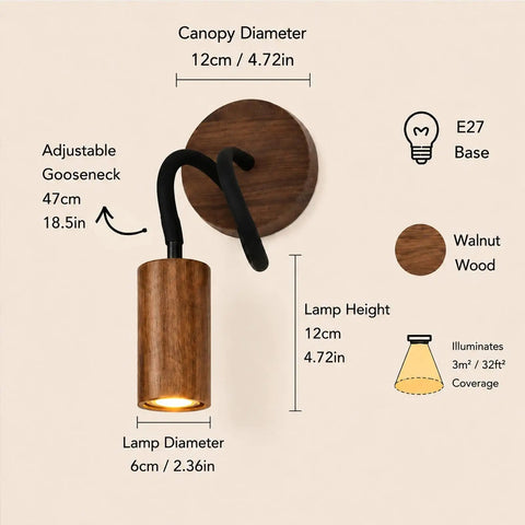 Adjustable Gooseneck Wall Sconce, Modern Wood Grain Wall Lamp with walnut finish, 12cm height, 6cm diameter, 360° adjustable.
